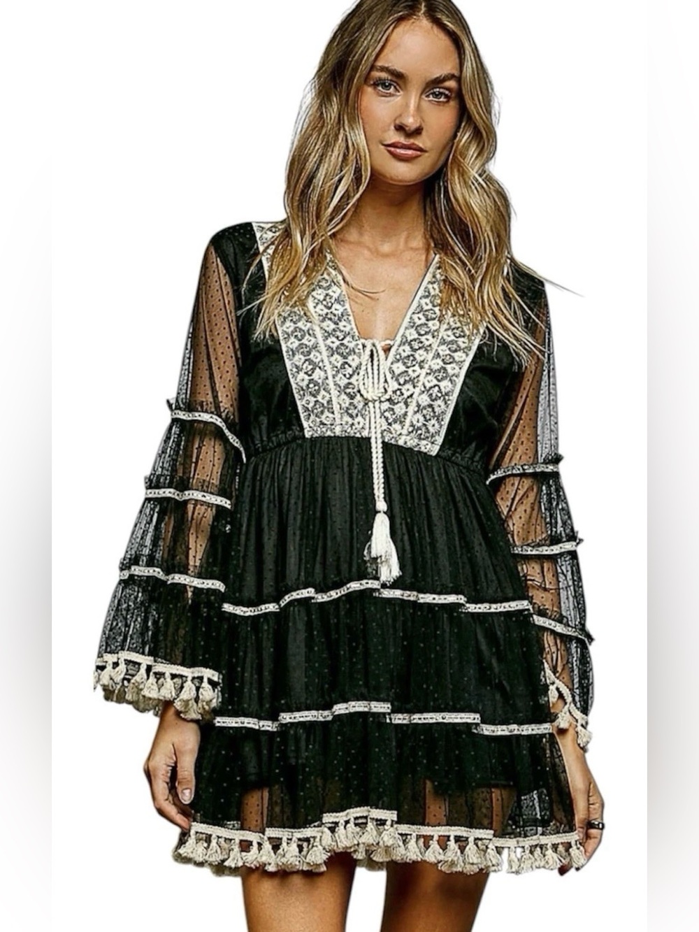 POL Boho Black Embroidered Mini Flare Dress Fringe Tassel Mesh fringe Size L